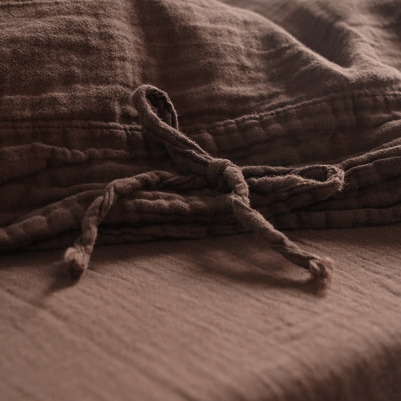 Tie-Detail Double Gauze Cotton Bedding Set – Coffee Brown, fabric and edge detail - Roomden
