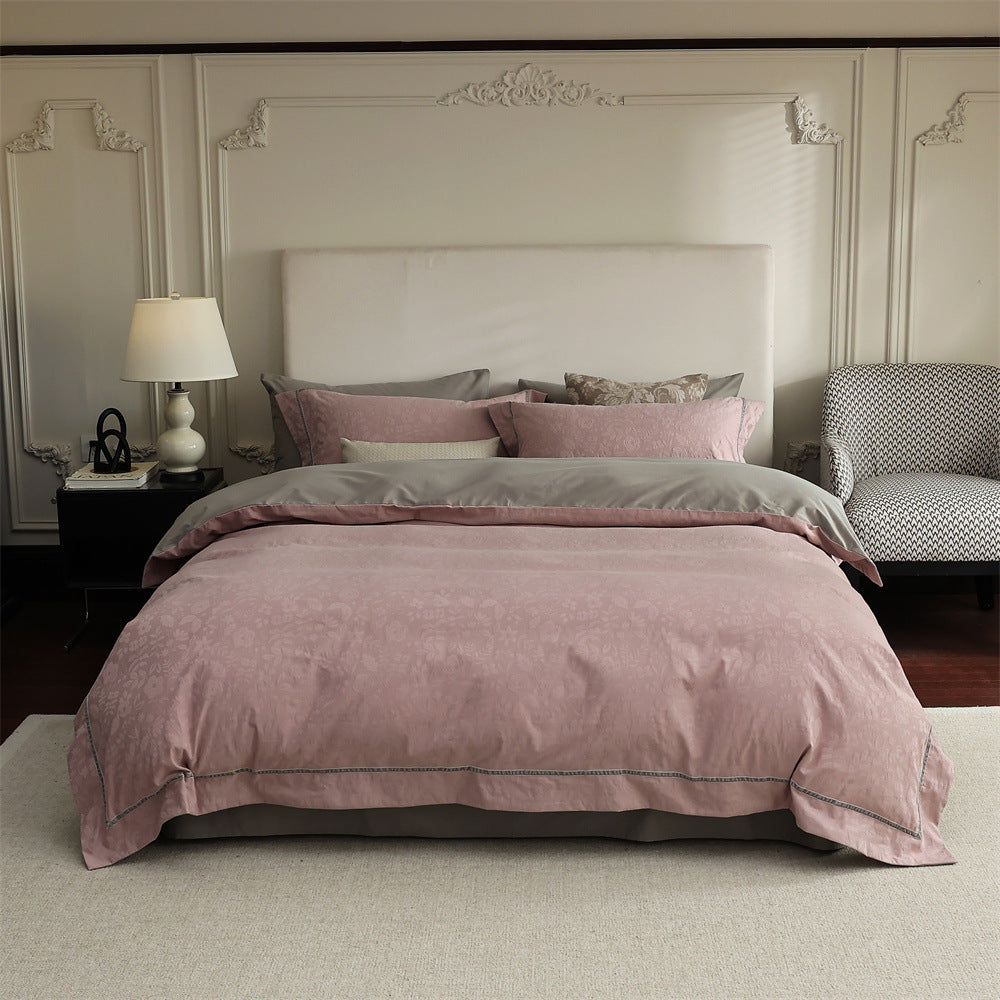 Brushed cotton jacquard bedding set – Dusty Rose Vine, full bed arrangement - Roomden