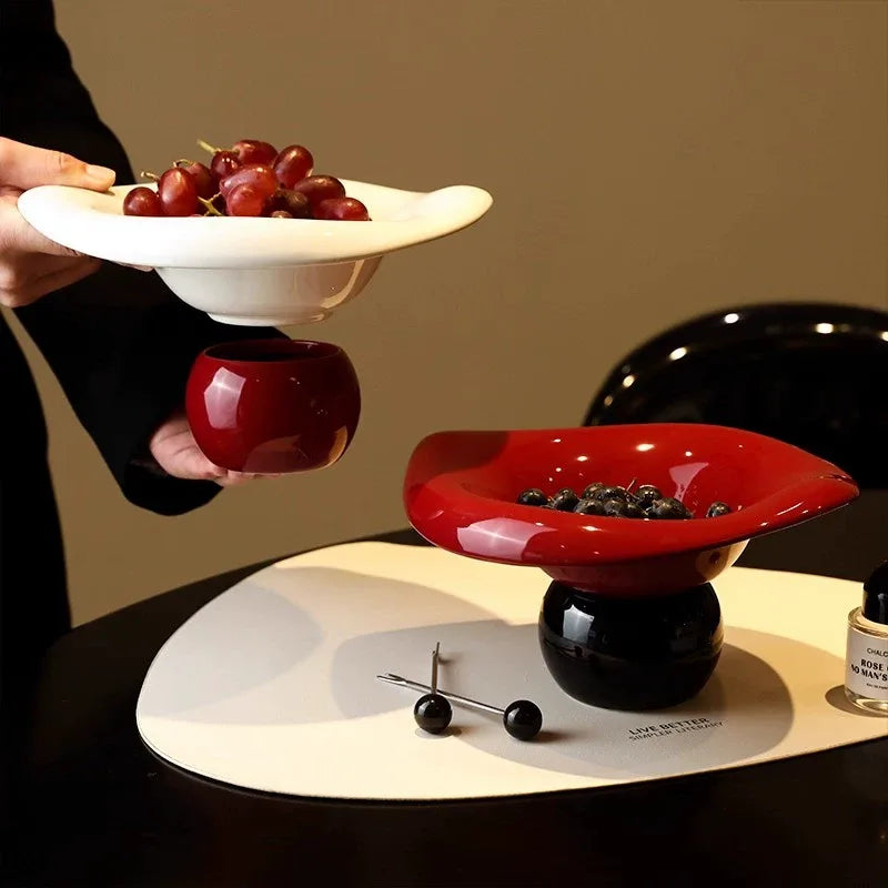 Wavy-Rim Ceramic Pedestal Fruit Bowl with Drainage Base