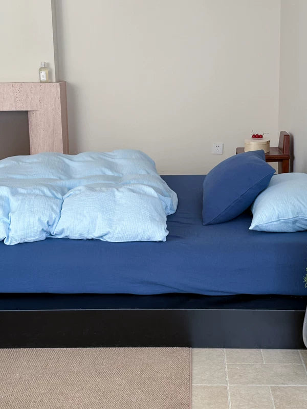 Double Gauze Cotton Bedding Set - Blue + Dark Blue