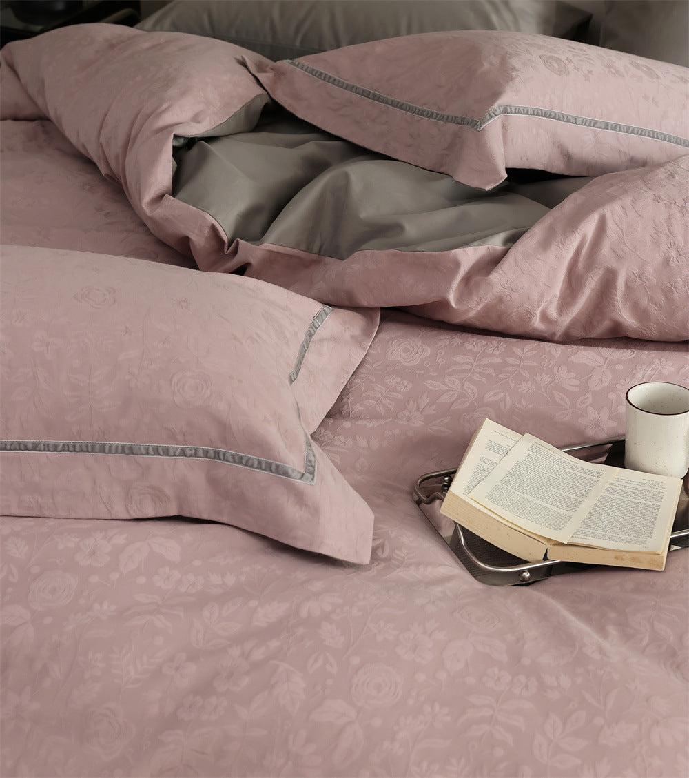 Brushed cotton jacquard bedding set – Dusty Rose Vine, close view of jacquard fabric and pillows - Roomden