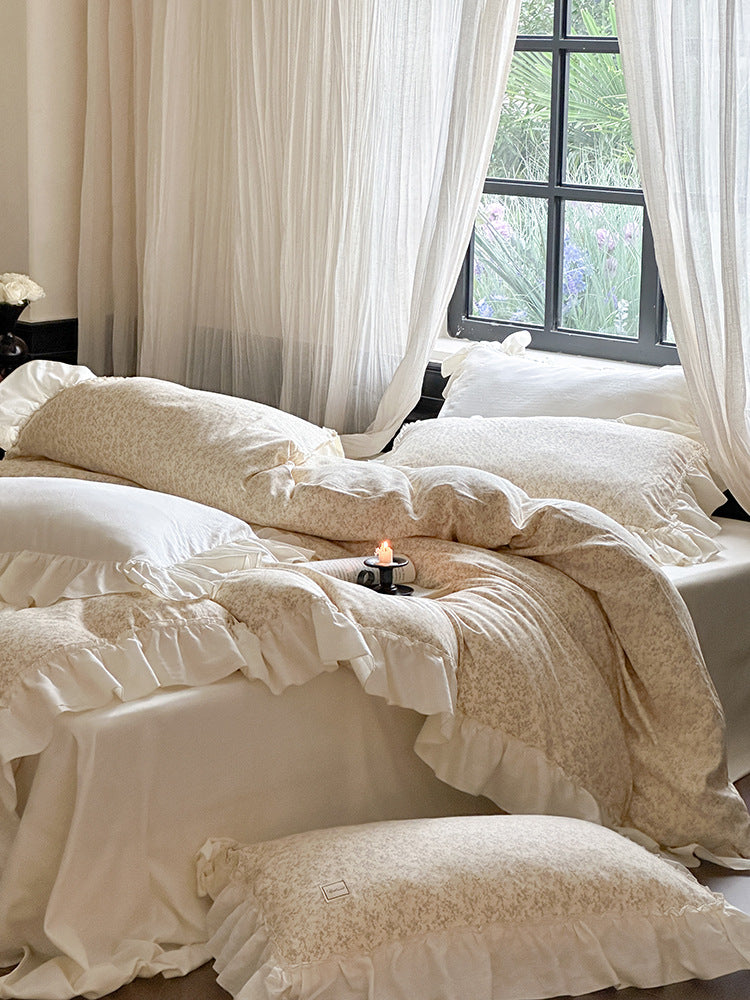 Fleurette Ivory Blossom Double Gauze Bedding Set – Layered tonal floral pillows beside the window - Roomden