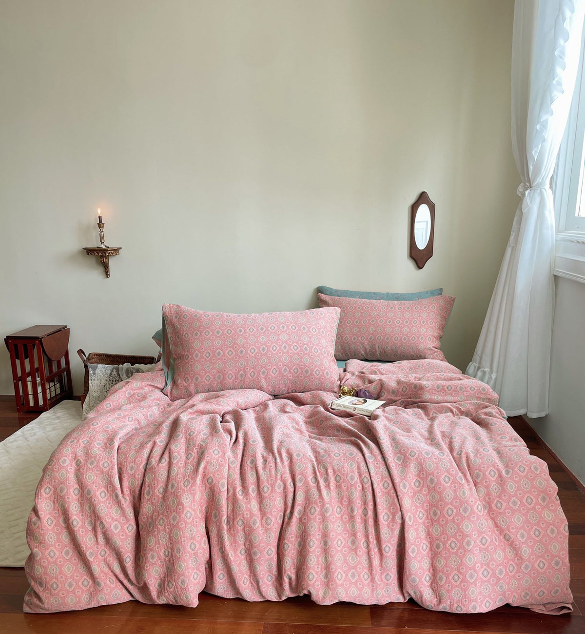 Rosewick Pink Floral Trellis bedding set – pink floral trellis, bedroom view of the duvet and pillows, view 1 - Roomden