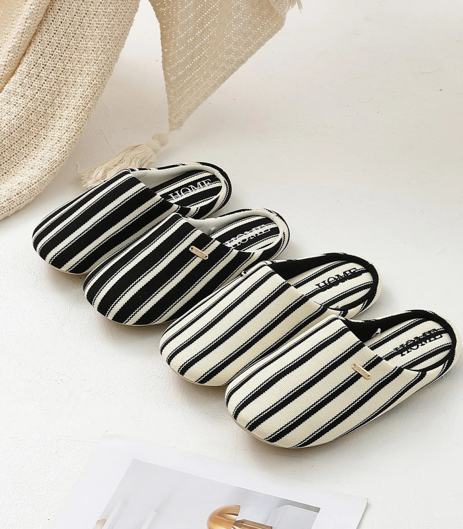 Group shot of Black and Beige Striped House Slippers - RoomDen