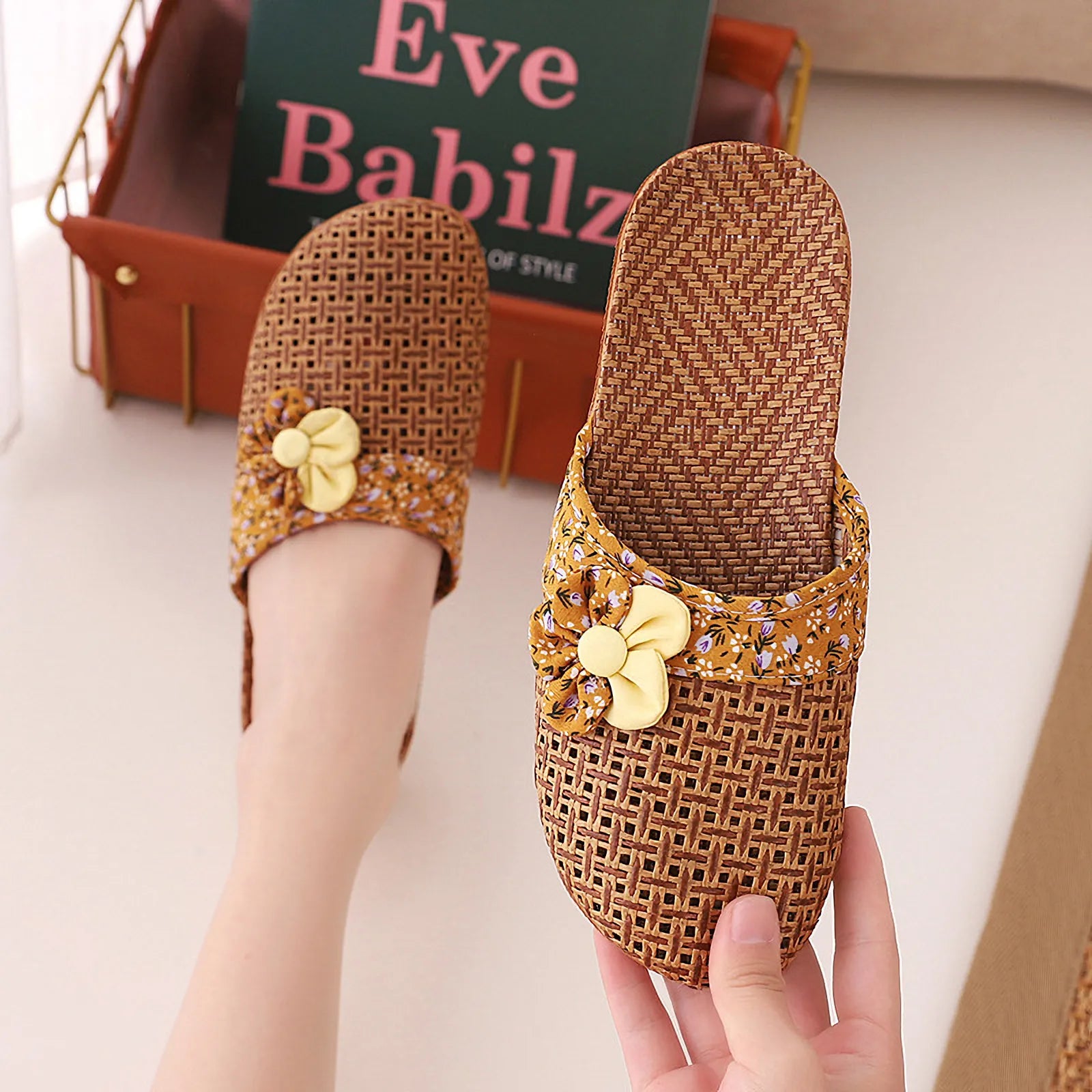 Hand holding Mustard Yellow Floral Natural Rattan House Slipper - RoomDen