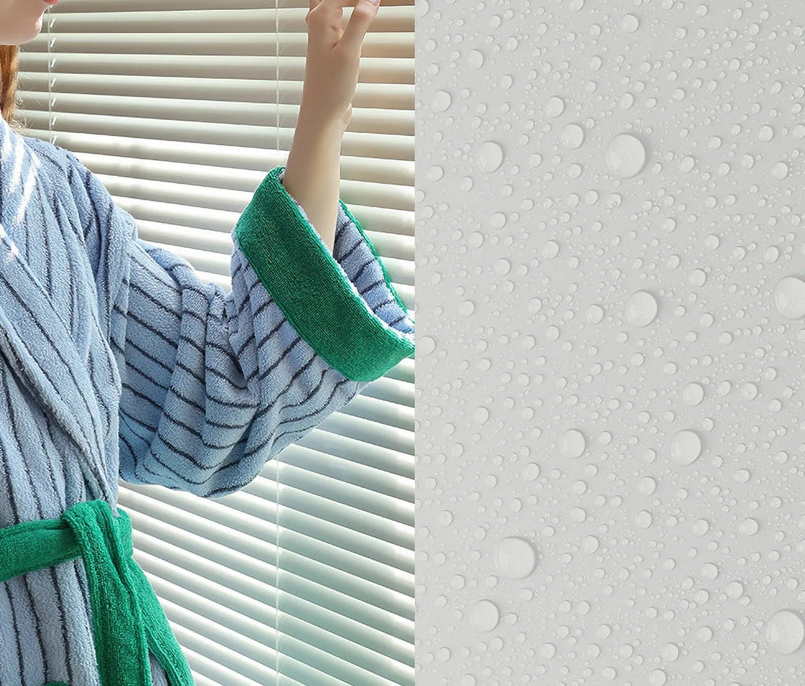 Close-up of the green cuff on the robe sleeve against a white background with water droplets overlay.
