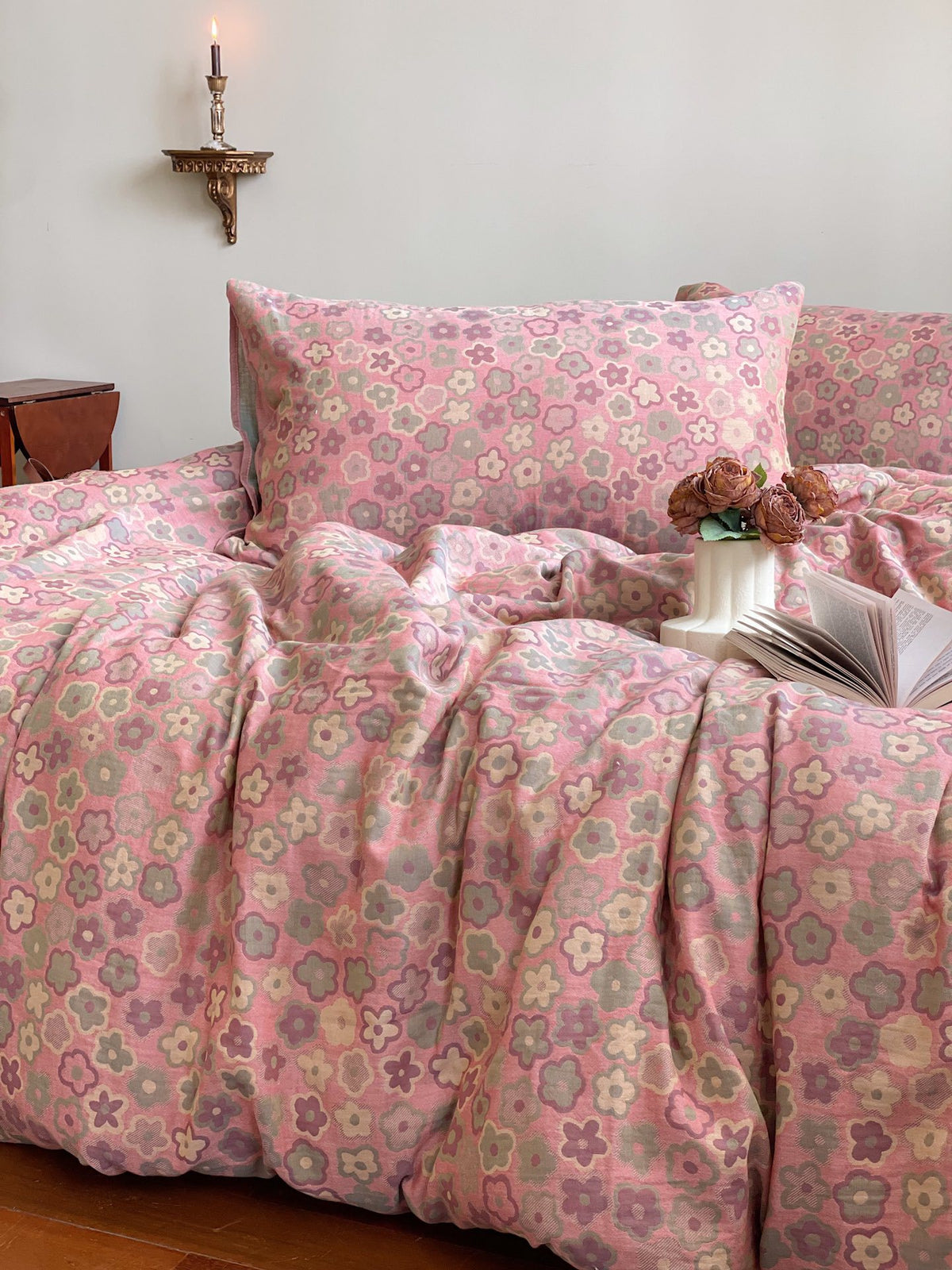 Rosewick Pink Floral Trellis bedding set – pink floral trellis, angled view of the duvet and coordinating pillows, view 3 - Roomden