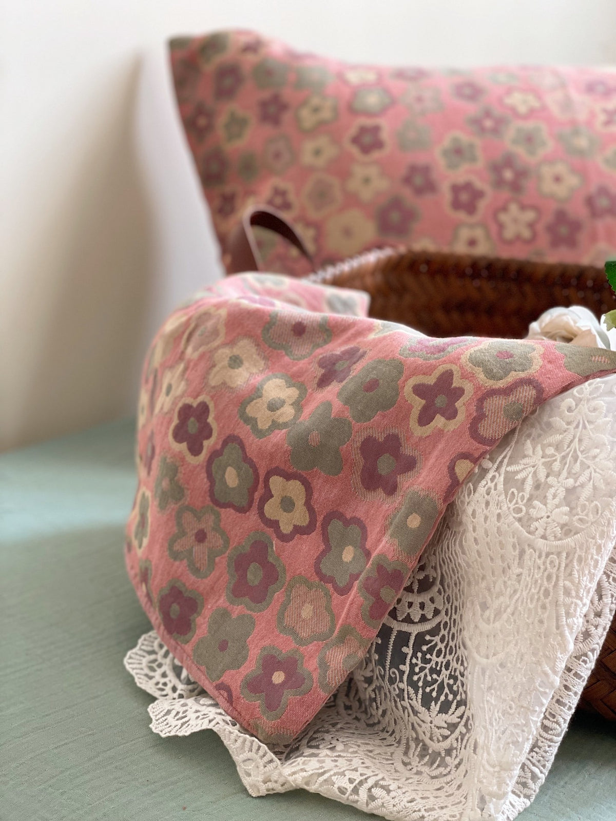 Rosewick Pink Floral Trellis bedding set – pink floral trellis, close view of the patterned cotton gauze, view 5 - Roomden