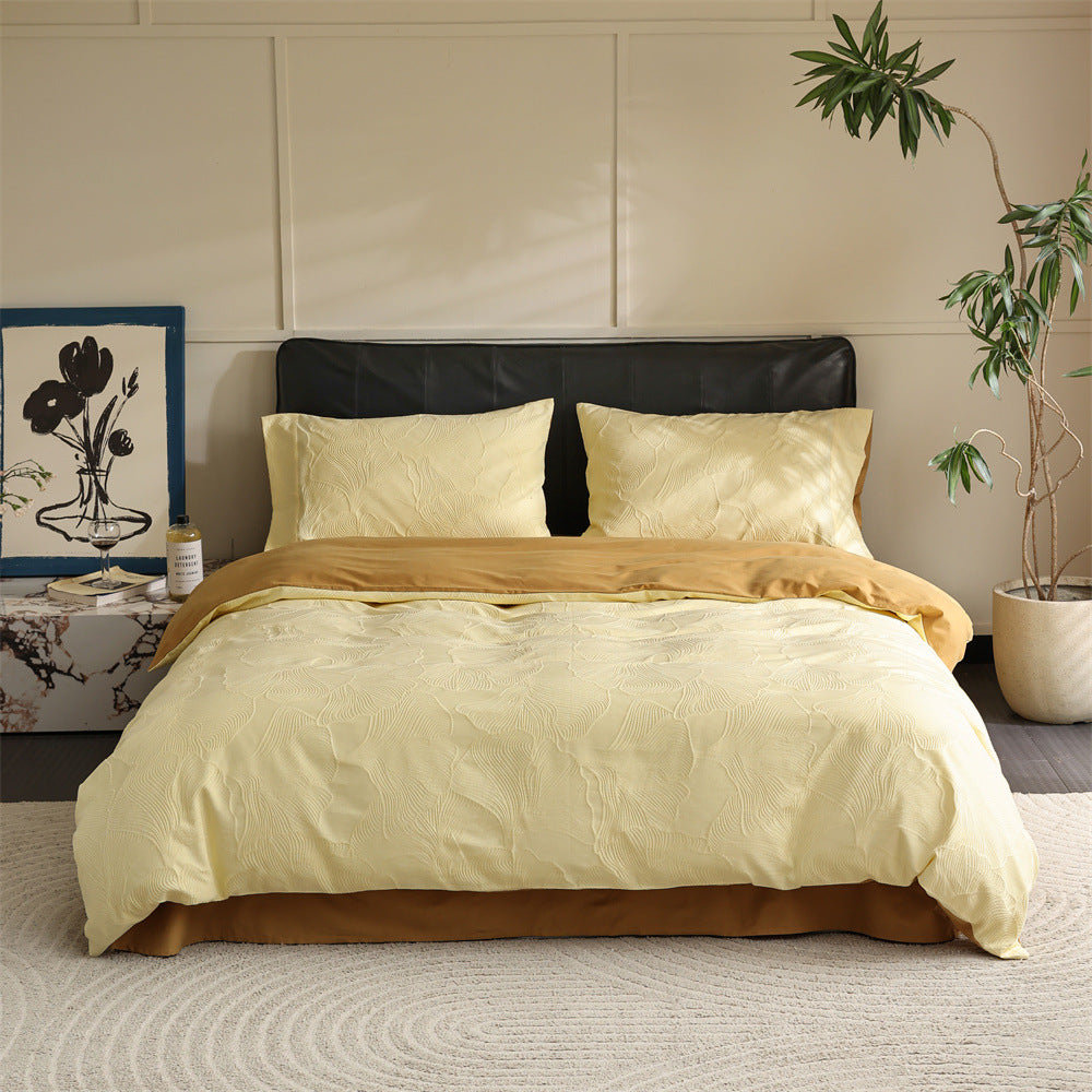 Brushed cotton jacquard bedding set – Butter Yellow Leaf, full bed arrangement - Roomden