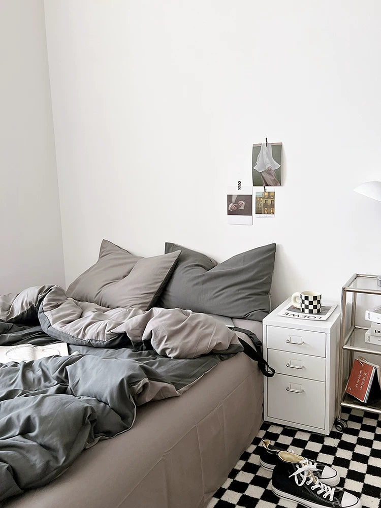 Washed Cotton Color-Block Bedding Set - Light Grey + Grey