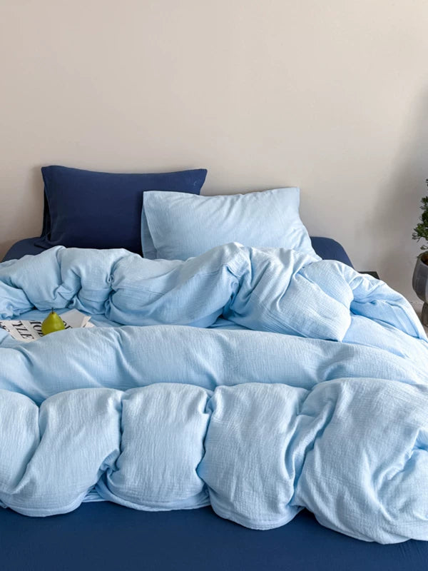Double Gauze Cotton Bedding Set - Blue + Dark Blue