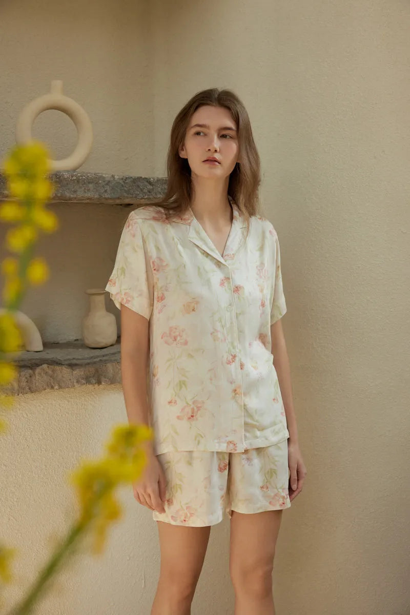 RoomDen Breathable Cotton Sateen Loungewear - Front view of button down shirt and shorts
