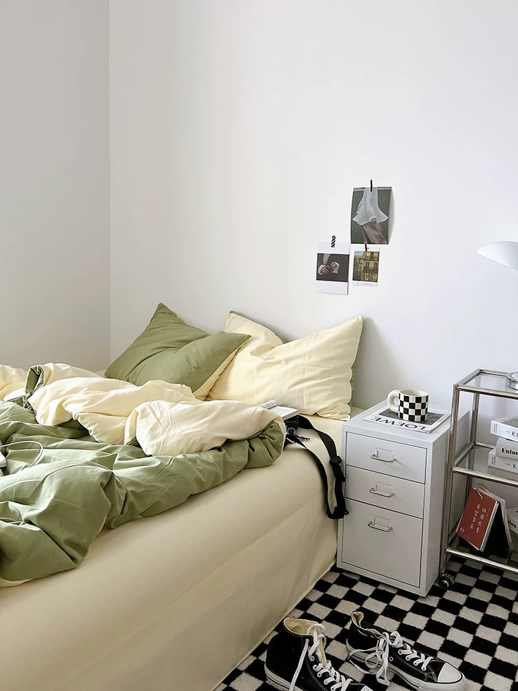 Washed Cotton Color-Block Bedding Set - Sage Green + Cream