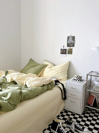Washed Cotton Color-Block Bedding Set - Sage Green + Cream