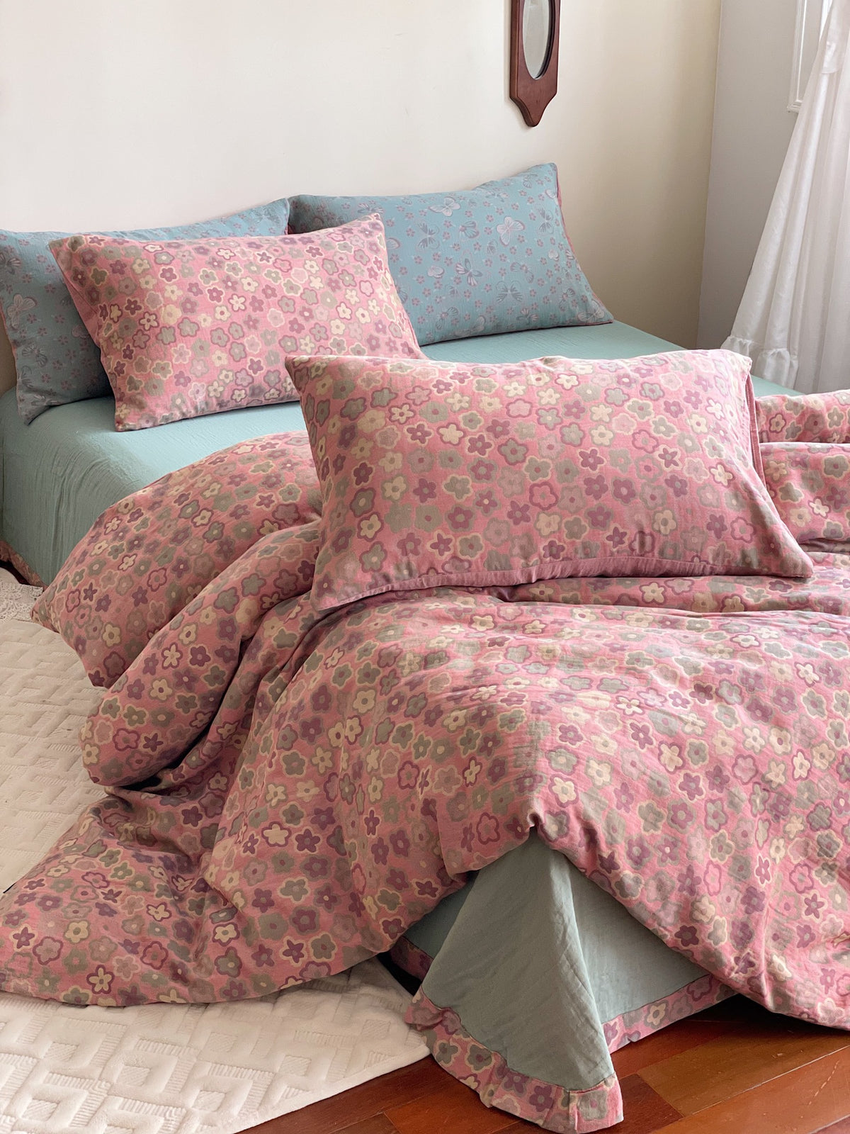Rosewick Pink Floral Trellis bedding set – pink floral trellis, bedroom view of the duvet and pillows, view 4 - Roomden