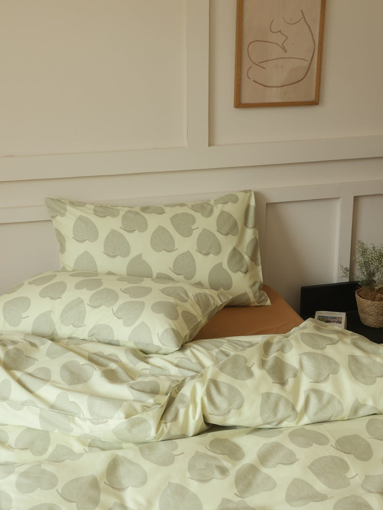 Sage Heart Leaf Cotton Bedding Set – close view of an upright matching pillow - Roomden