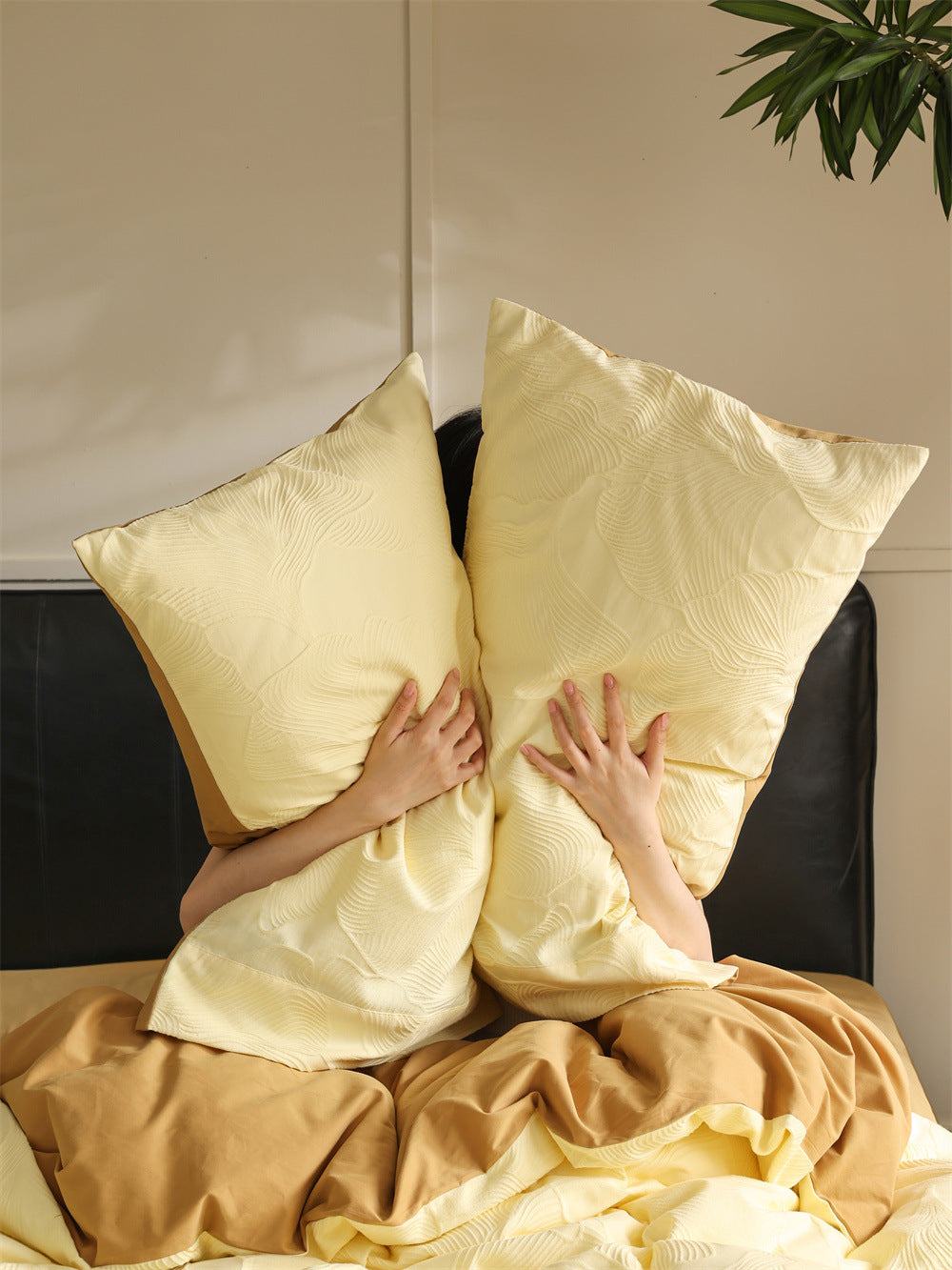 Brushed cotton jacquard bedding set – Butter Yellow Leaf, lifestyle view with the bedding - Roomden