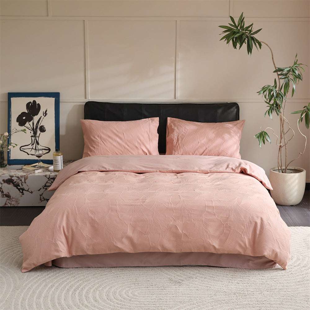 Brushed cotton jacquard bedding set – Coral Leaf, full bed arrangement - Roomden