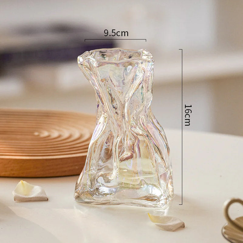 Close-up of the small iridescent Sculptural Crumpled Glass Vase with dimensions displayed.
