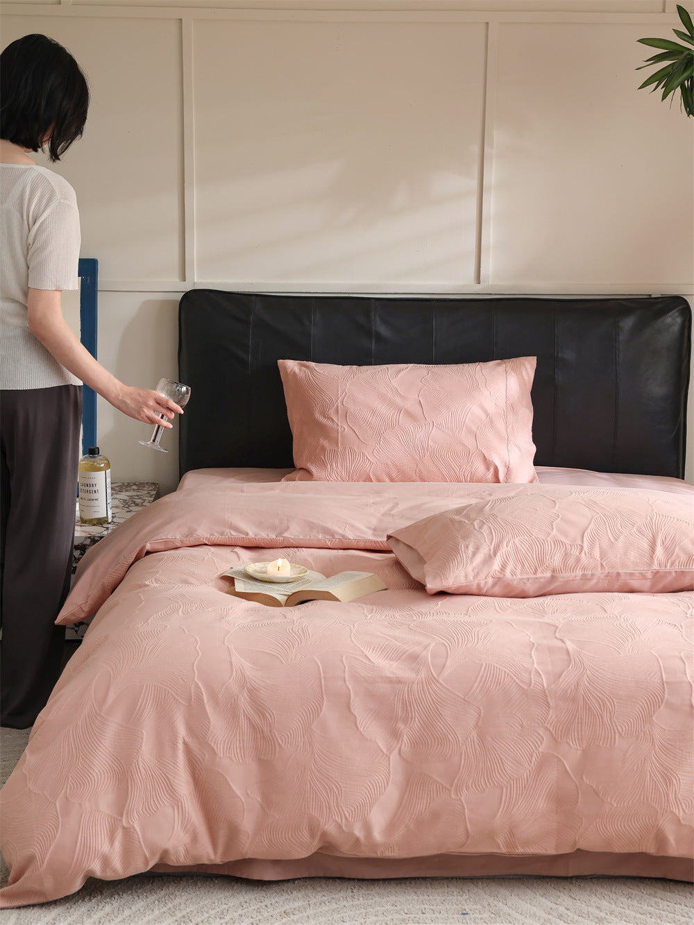 Brushed cotton jacquard bedding set – Coral Leaf, lifestyle view with the bedding - Roomden