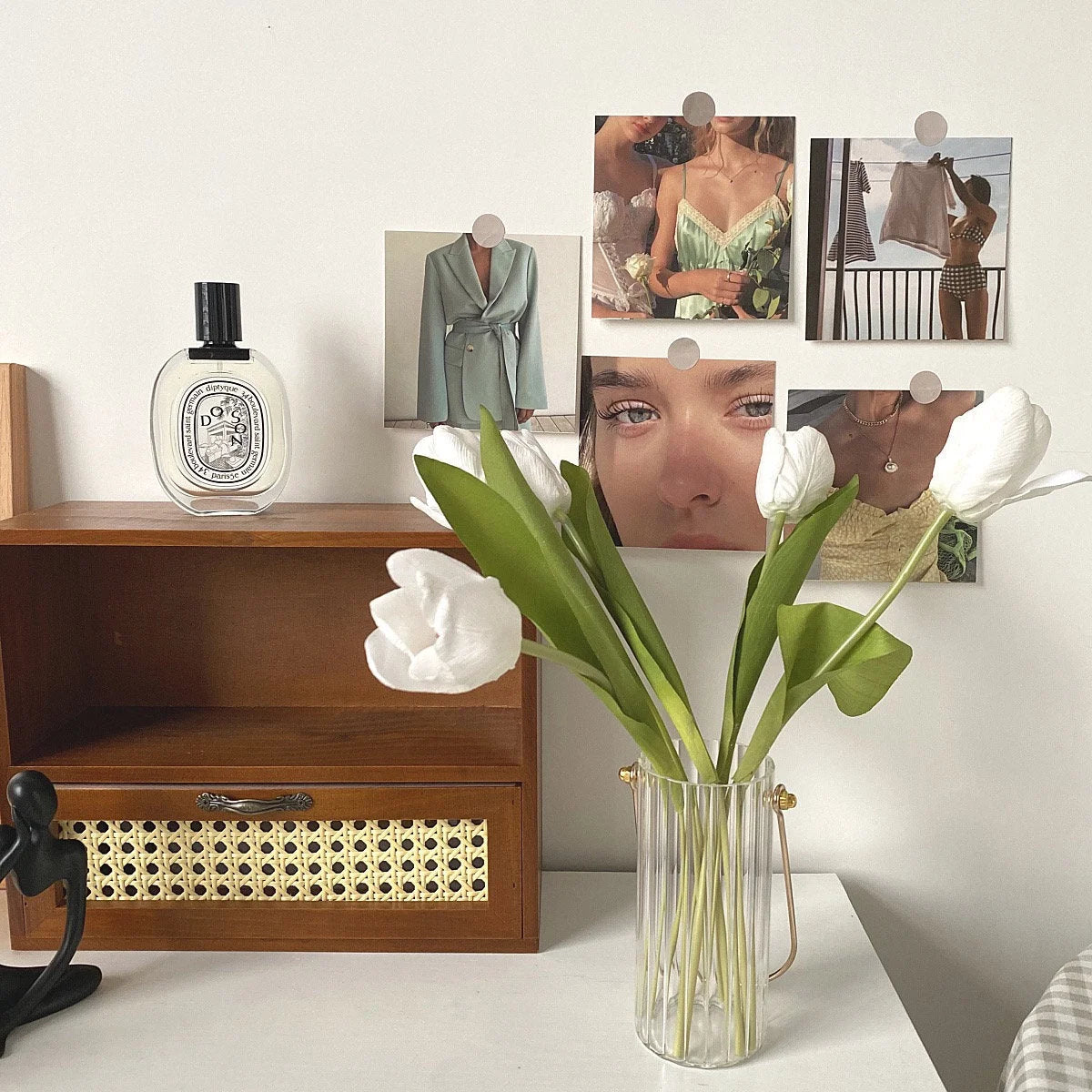 Curated Journal Aesthetic Wall Collage Kit displayed on a white wall above a desk with flowers - RoomDen