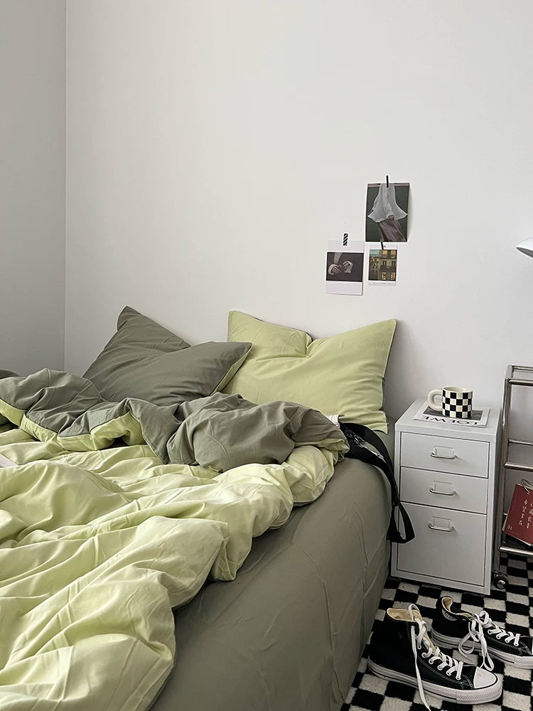Washed Cotton Color-Block Bedding Set - Mint Green + Sage