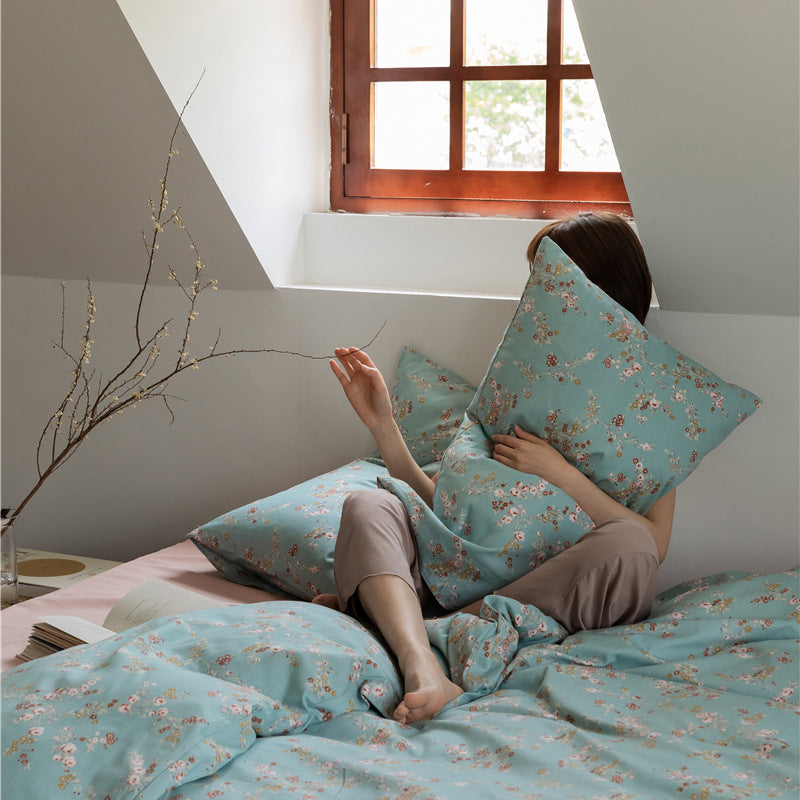 Aqua Floral Sprig Cotton Bedding Set with coordinating bedding — view 2