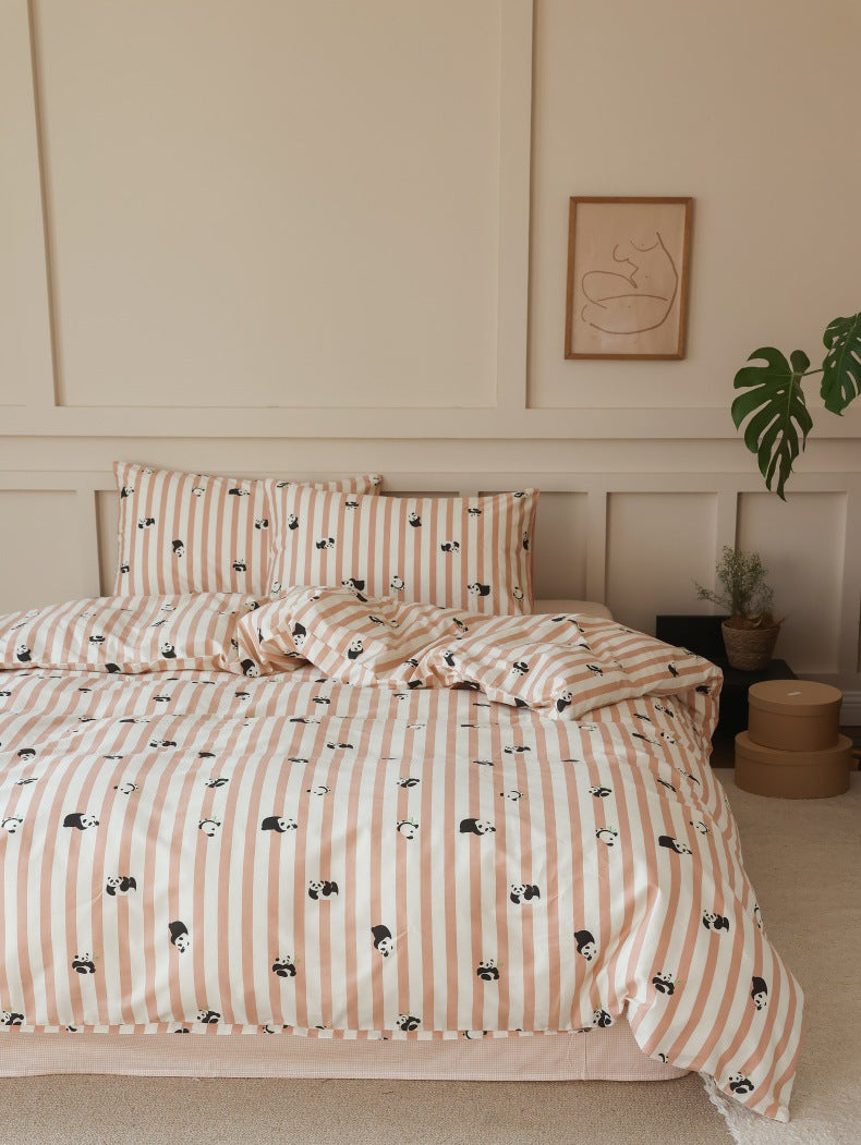 Peach Panda Stripe Cotton Bedding Set – front view of the striped duvet and matching pillows - Roomden