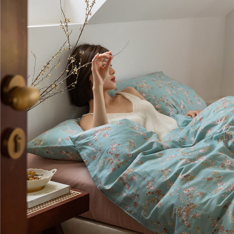 Aqua Floral Sprig Cotton Bedding Set with coordinating bedding — view 5