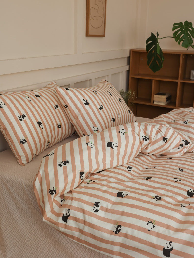 Peach Panda Stripe Cotton Bedding Set – angled close view of small pandas between stripes - Roomden