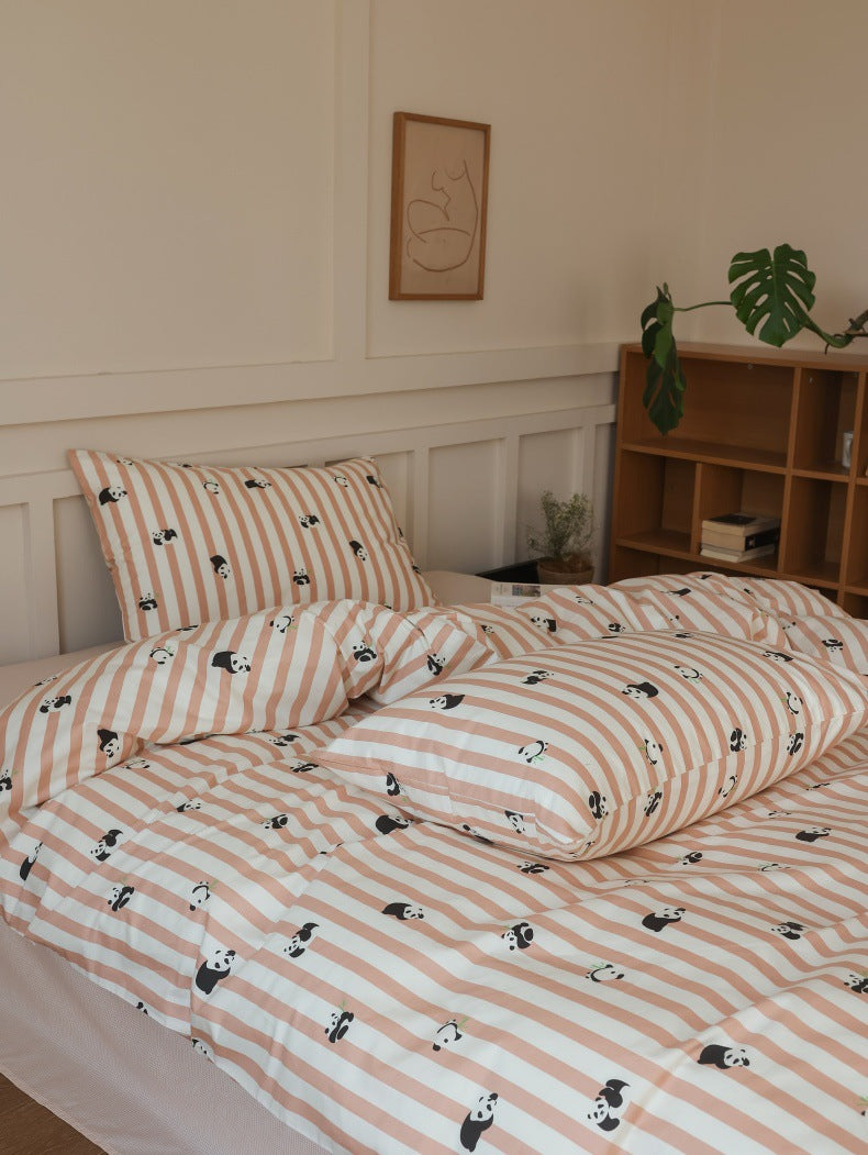Peach Panda Stripe Cotton Bedding Set – side view of the peach striped bedding - Roomden