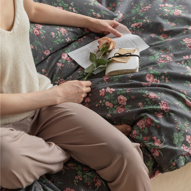 Charcoal Rose Bouquet Cotton Bedding Set with coordinating bedding — view 2