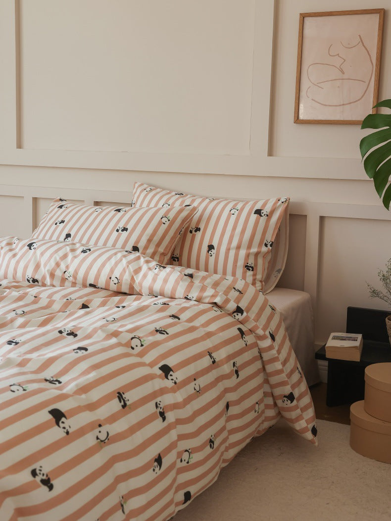 Peach Panda Stripe Cotton Bedding Set – three-quarter view of panda-print pillows and duvet - Roomden
