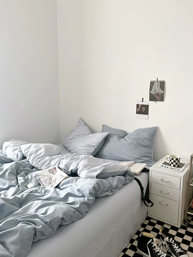 Washed Cotton Color-Block Bedding Set - Misty Blue + Grey