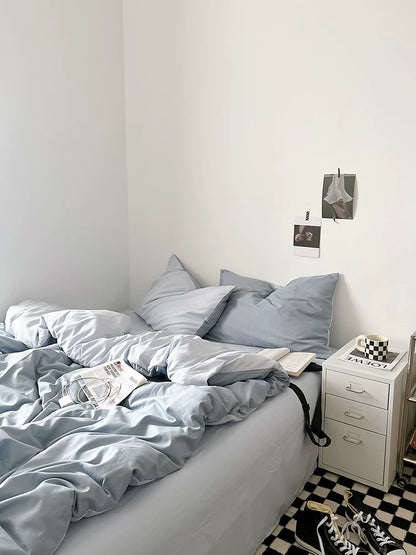 Washed Cotton Color-Block Bedding Set - Misty Blue + Grey