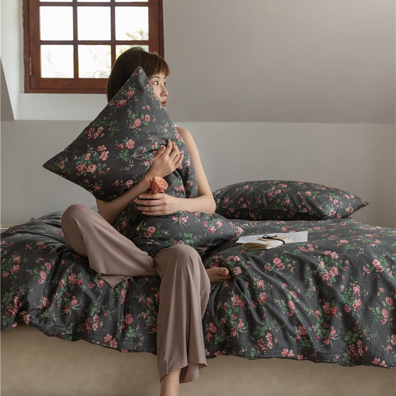 Charcoal Rose Bouquet Cotton Bedding Set with coordinating bedding — view 3