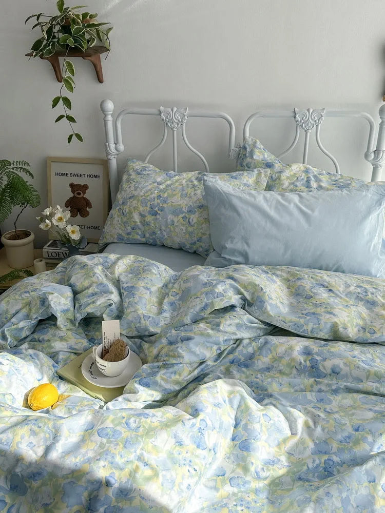 Lifestyle image of the dreamy floral bedding set, creating a light and airy bedroom atmosphere.
