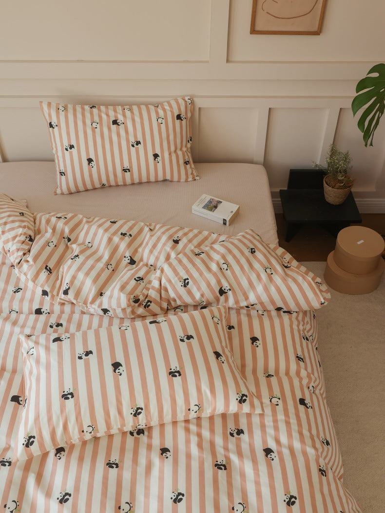 Peach Panda Stripe Cotton Bedding Set – view from the foot of the bed across the panda print - Roomden