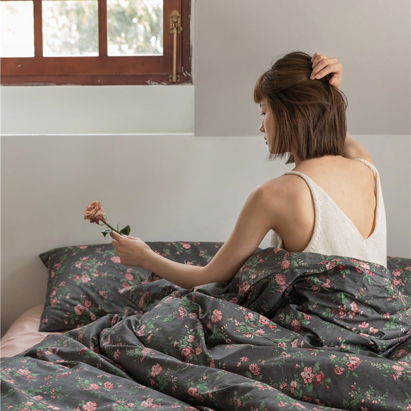 Charcoal Rose Bouquet Cotton Bedding Set with coordinating bedding — view 4