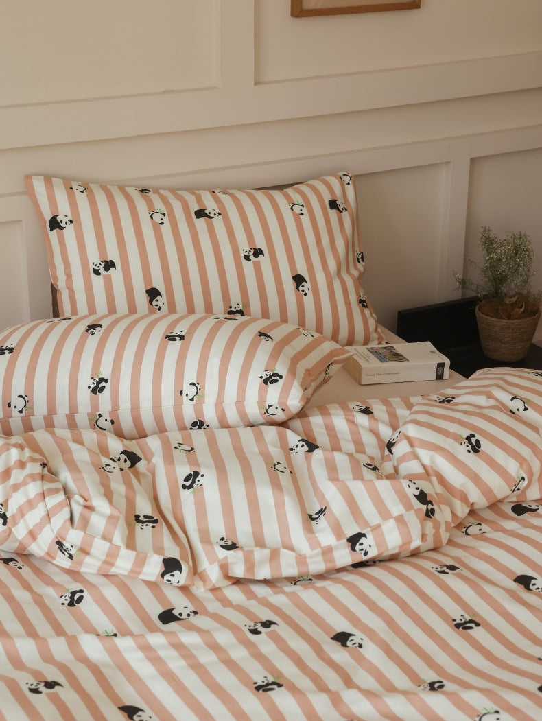 Peach Panda Stripe Cotton Bedding Set – matching striped pillow detail - Roomden