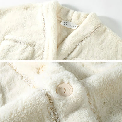Detail shots of the cream pajama top, showing the collar tag, sparkly trim, and a button - RoomDen.