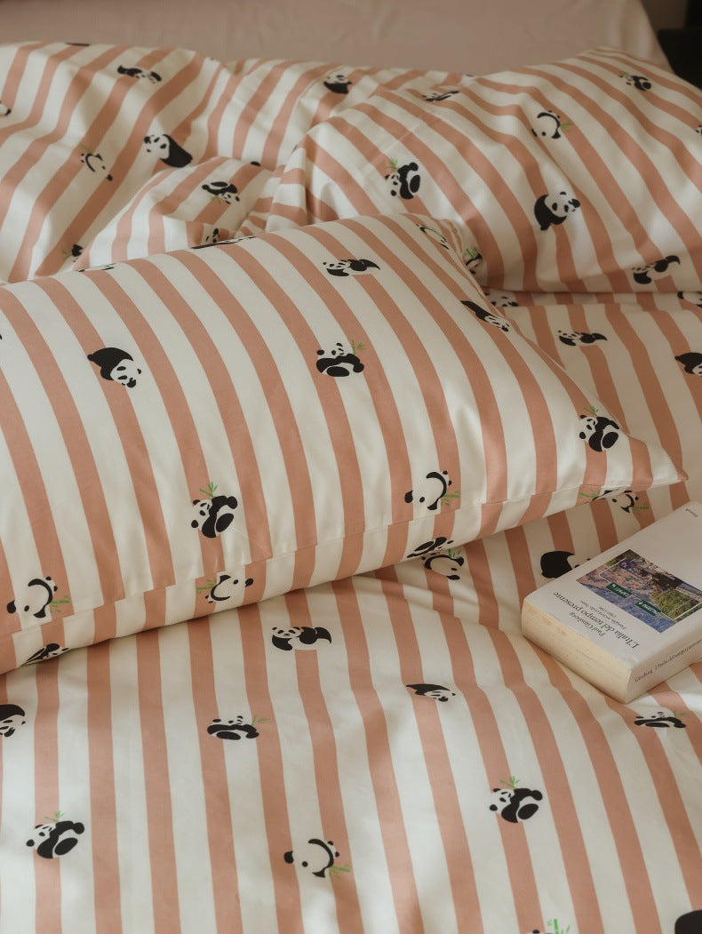 Peach Panda Stripe Cotton Bedding Set – fabric detail of the panda and stripe pattern - Roomden
