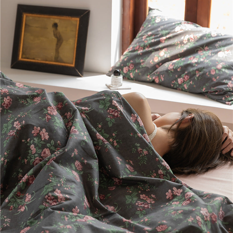 Charcoal Rose Bouquet Cotton Bedding Set with coordinating bedding — view 5