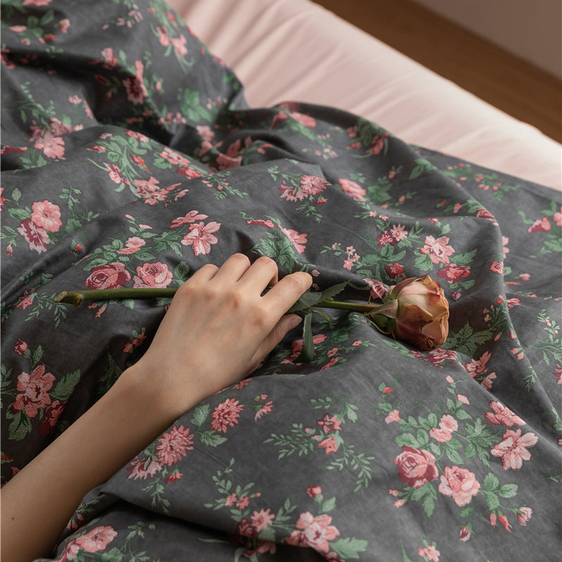 Charcoal Rose Bouquet Cotton Bedding Set with coordinating bedding — fabric detail