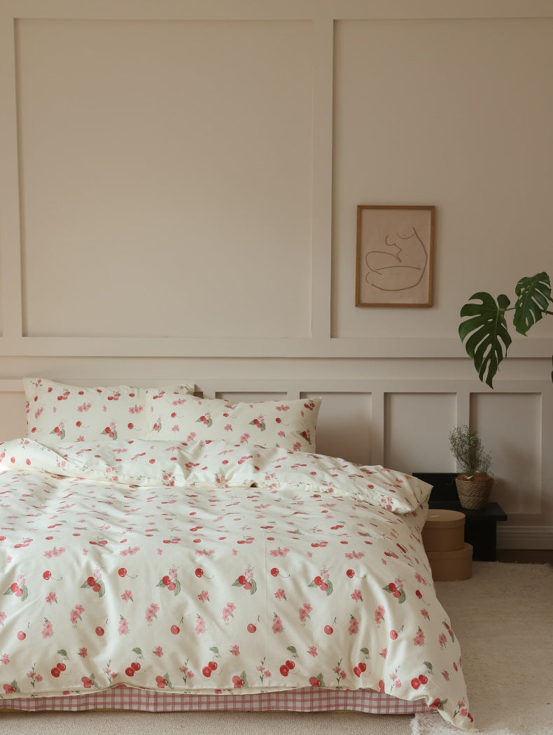 Ivory Cherry Floral Cotton Bedding Set – full bed with cherries and pink floral motifs - Roomden