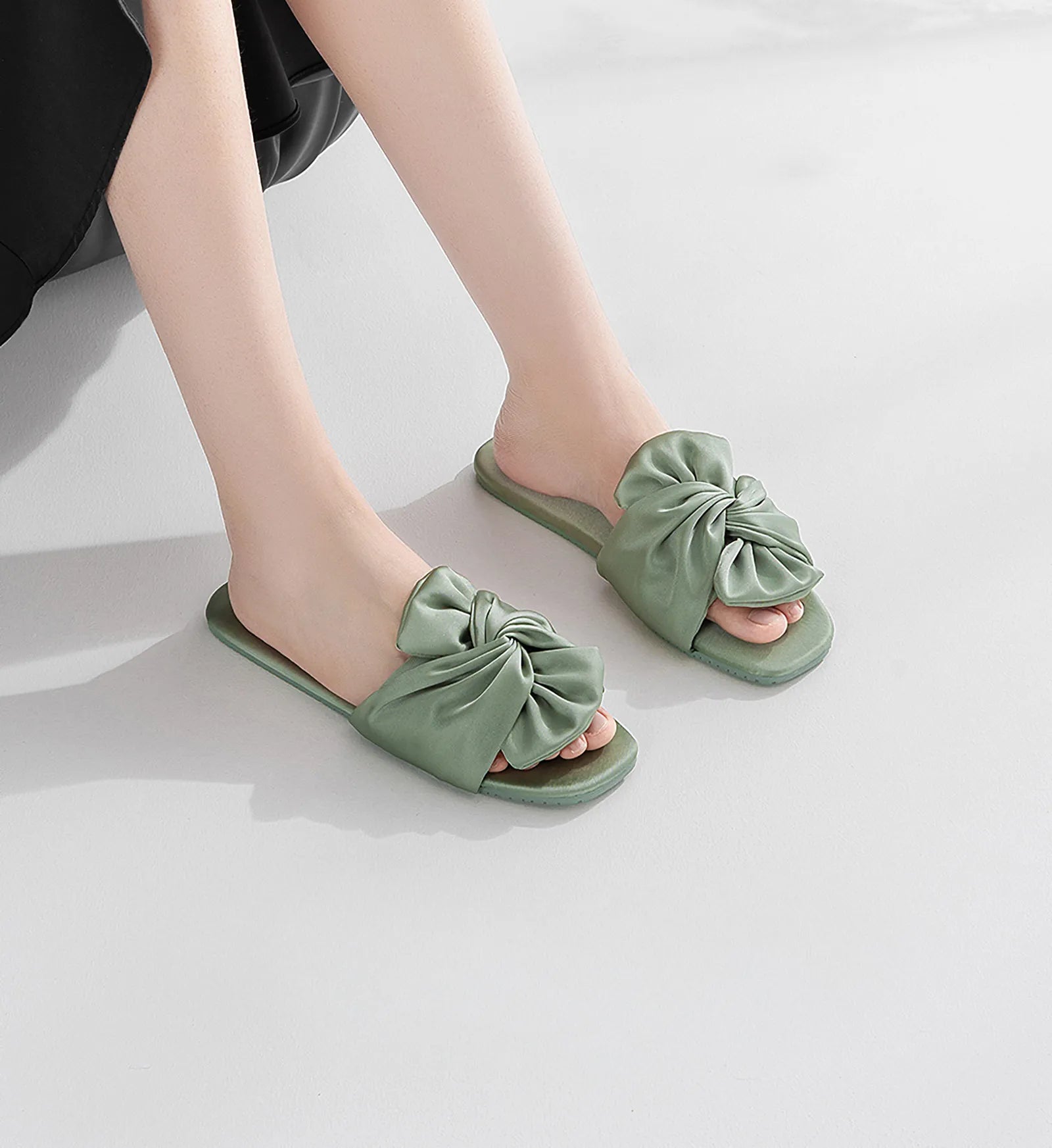 RoomDen Silky Ruched Bow Cotton Sateen House Slippers in Sage Green - Front View