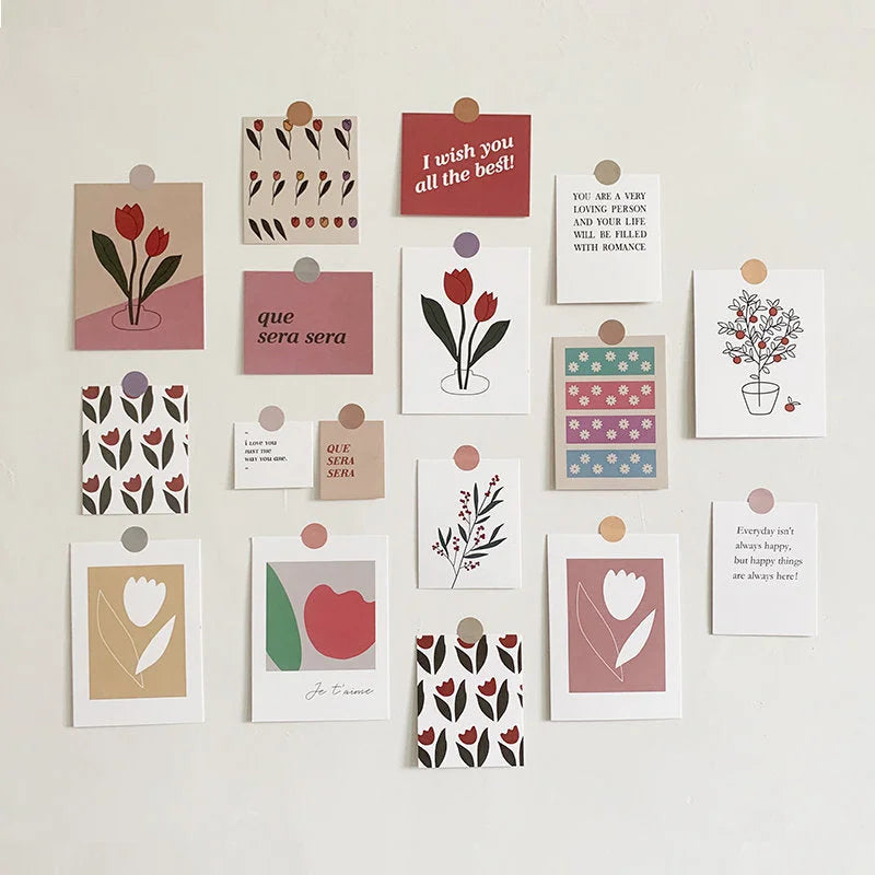 Full view of the Vintage Tulip wall collage kit arranged on a light-colored wall. - RoomDen