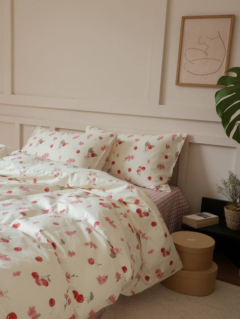 Ivory Cherry Floral Cotton Bedding Set – matching cherry-print pillows and duvet - Roomden