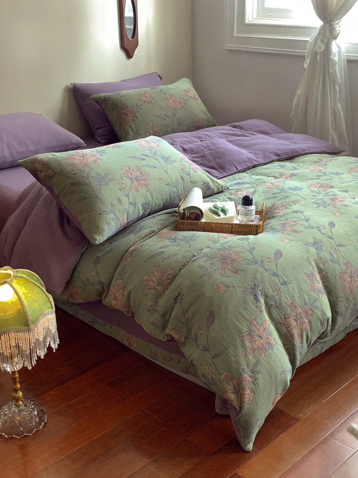 Florhaven Sage Botanical bedding set – sage botanical, bedroom view of the duvet and pillows, view 3 - Roomden