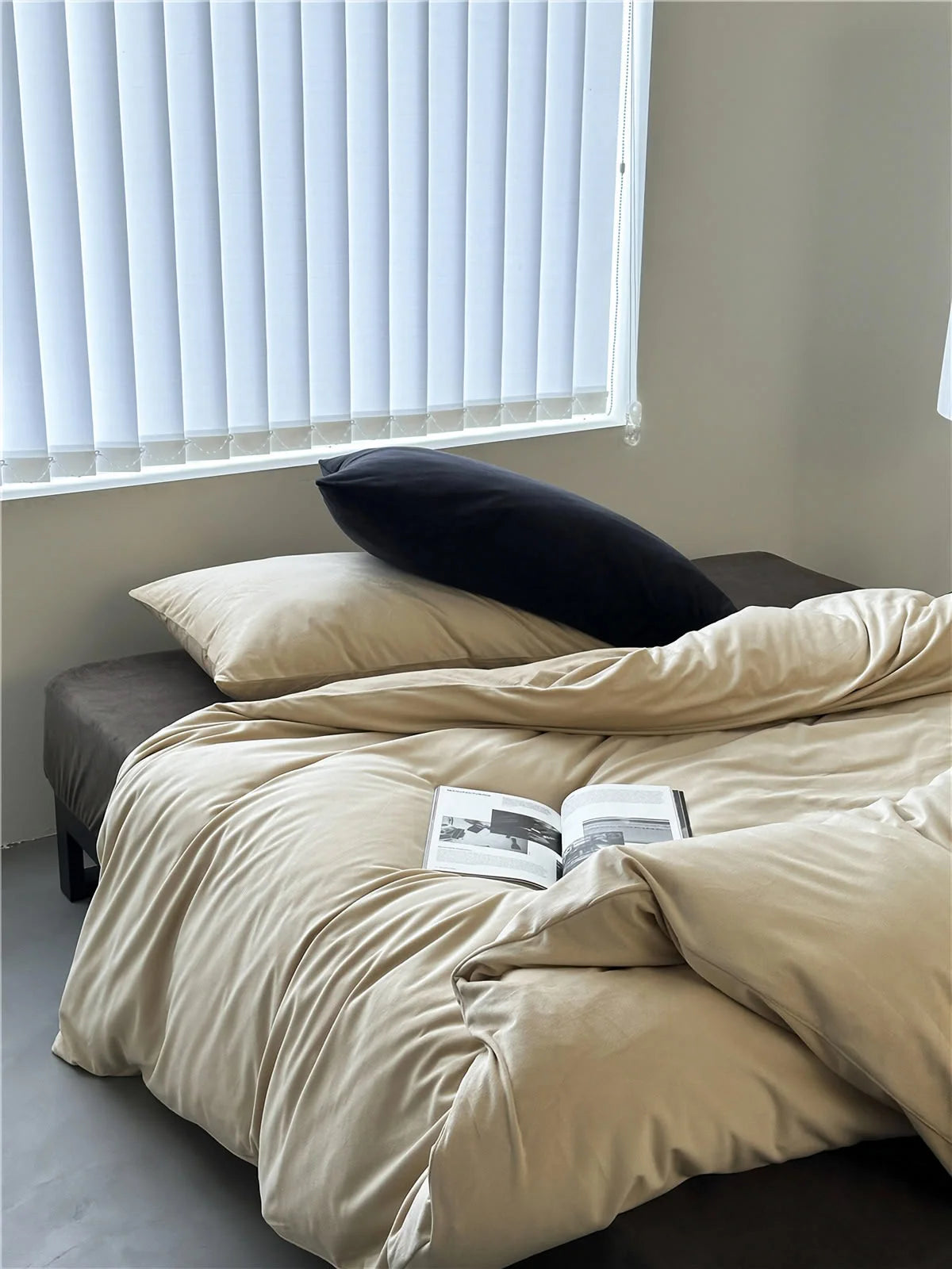 A Warm Beige velvet duvet cover paired with a Mocha Brown sheet for a warm, earthy-toned bed setting. - RoomDen